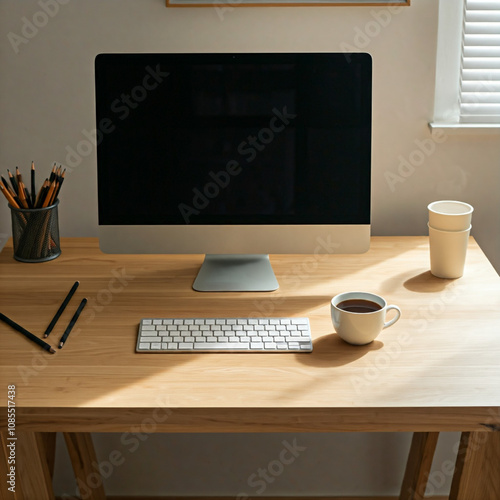 Mesa de trabalho com computador e café.