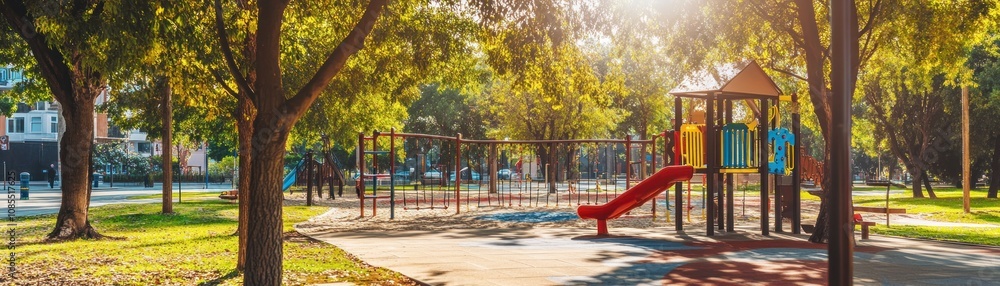A vibrant playground with slides and swings surrounded by trees in a sunny park. A vibrant playground with slides and swings surrounded by trees in a sunny park.