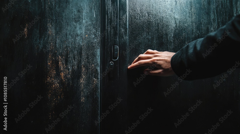 Close-up of a young man's knuckles gently rapping on a black door, polished surface reflecting the light. Close-up of a young man's knuckles gently rapping on a black door, polished surface reflecting the light.