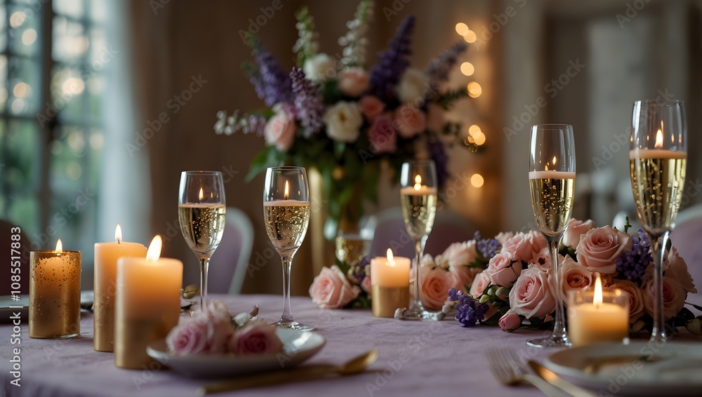 Naklejka premium A table set for a romantic dinner. Flowers, candles, and champagne glasses are visible.