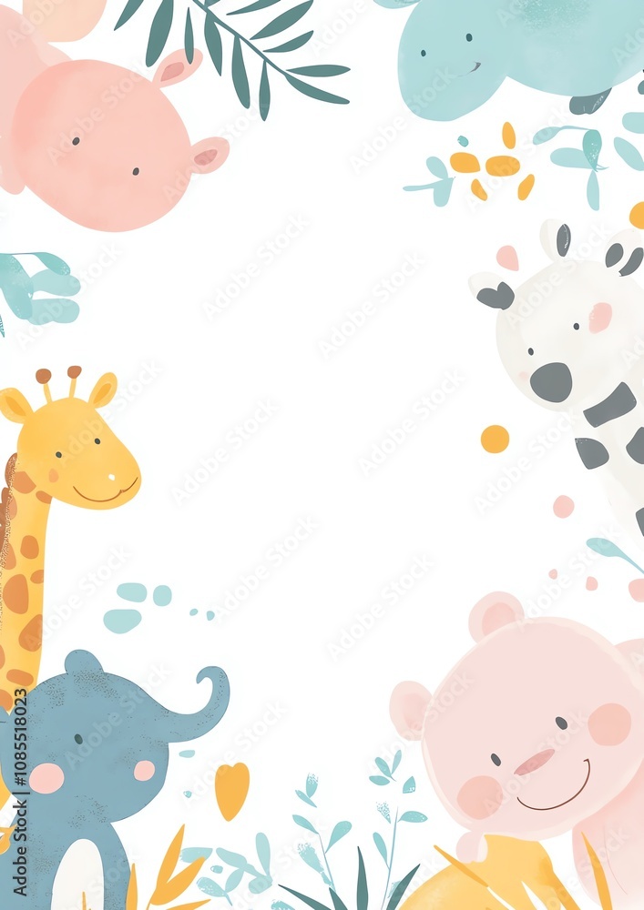 Fototapeta premium A colorful border featuring cute animals and playful elements, perfect for children's projects or nursery decor.