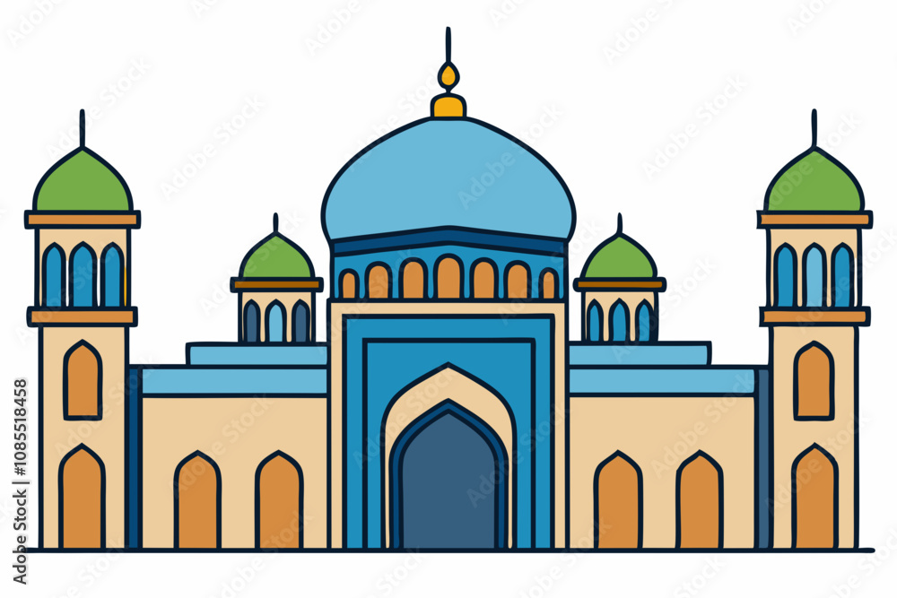 Central Dome Mosque with Minarets - Vector Illustration Central Dome Mosque with Minarets - Vector Illustration