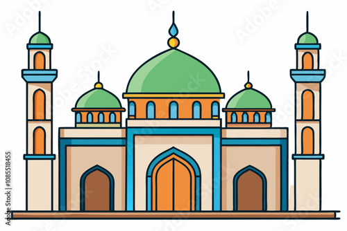 Central Dome Mosque with Minarets - Vector Illustration