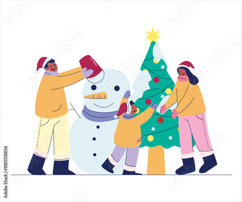 Happy Family making a Snowman Together. Christmas Activity Concept Illustrations.