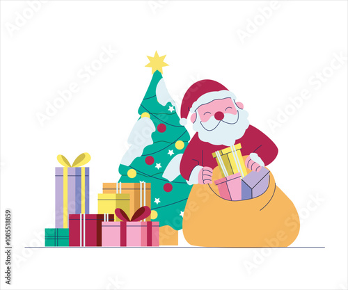 Santa puts Christmas presents on Christmas Eve. Christmas Activity Concept Illustrations.