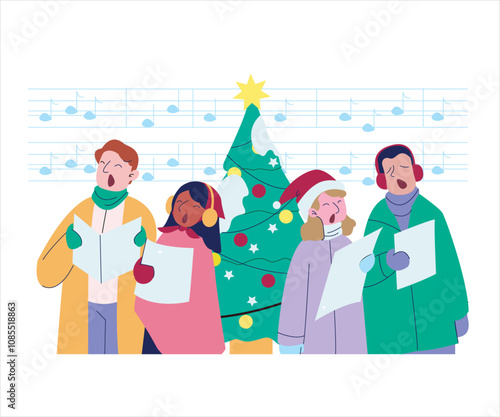 The Choir sings to Celebrate Christmas Eve. Christmas Activity Concept Illustrations.