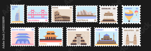 Set of Country Landmark Stamp Illustrations