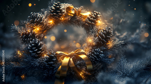 Wallpaper Mural A snow-covered pine wreath with warm, glowing lights and a golden bow Torontodigital.ca