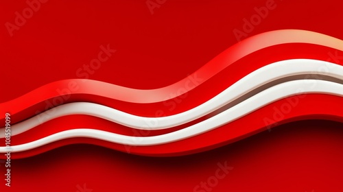 3D render of red and white wavy stripes on a solid background, minimalistic style.