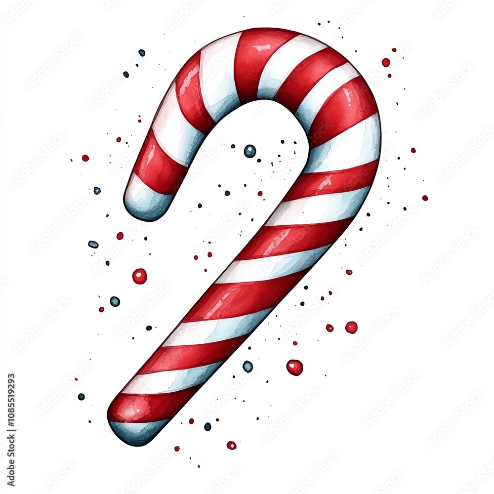 Fototapeta premium Colorful striped candy cane with festive sprinkles, perfect for holiday themes and seasonal celebrations.