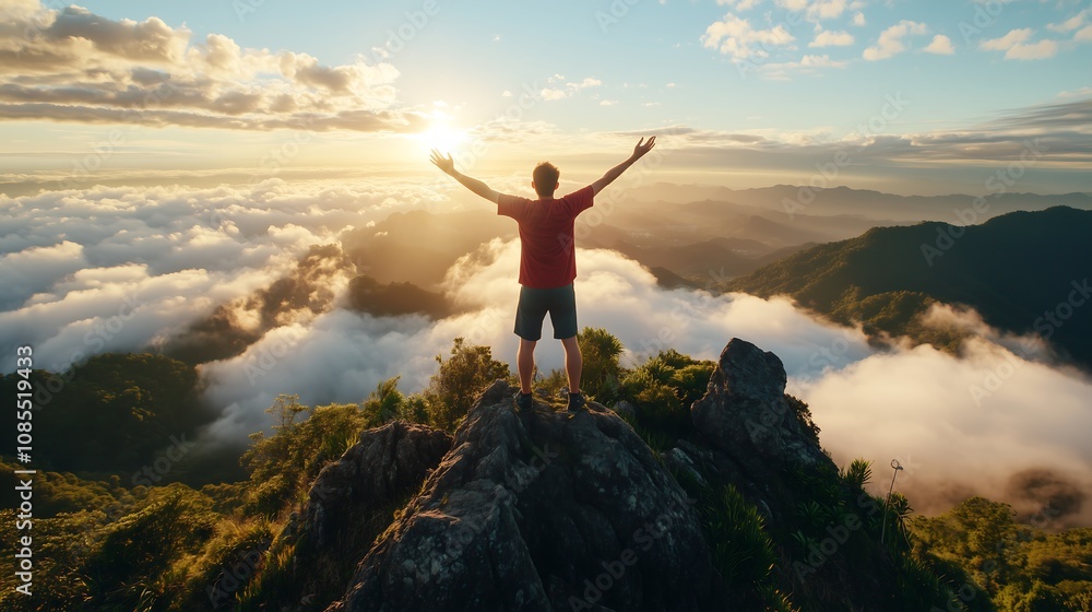 A man with his arms raised stands atop a mountain, surrounded by clouds and mist. The sun shines through, creating beautiful light effects in the sky. He smiles happily at dawn. A man with his arms raised stands atop a mountain, surrounded by clouds and mist. The sun shines through, creating beautiful light effects in the sky. He smiles happily at dawn.