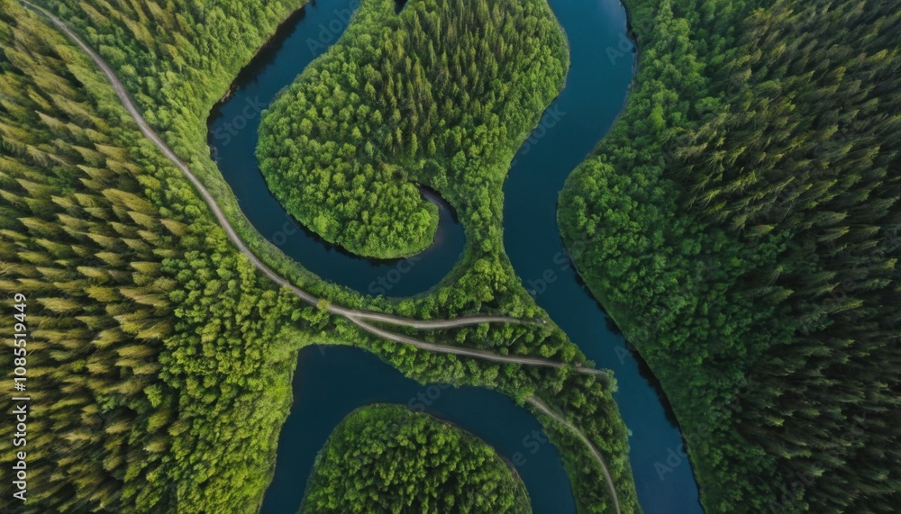Obraz premium aerial shot of winding river in green forest