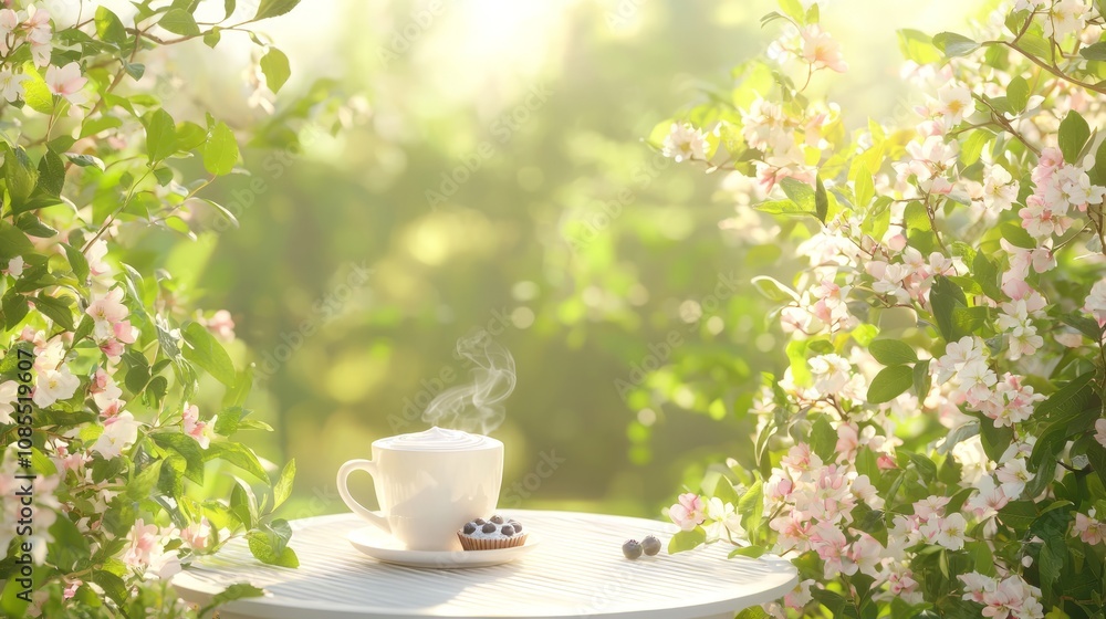 Tranquil Morning Bliss with Steaming Latte and Blueberry Muffin on Patio Table Surrounded by Blooming Flowers and Greenery Tranquil Morning Bliss with Steaming Latte and Blueberry Muffin on Patio Table Surrounded by Blooming Flowers and Greenery