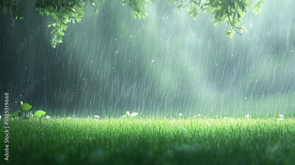 Fototapeta premium Serene Rainfall Over Lush Green Grass in a Tranquil Natural Setting with Soft Focus and Delicate Sunlight Filtering Through Leaves