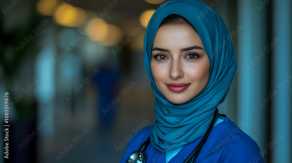 A smiling woman in a hijab and blue scrubs stands in a hospital corridor, showcasing her dedication to healthcare and professionalism in a bright setting A smiling woman in a hijab and blue scrubs stands in a hospital corridor, showcasing her dedication to healthcare and professionalism in a bright setting