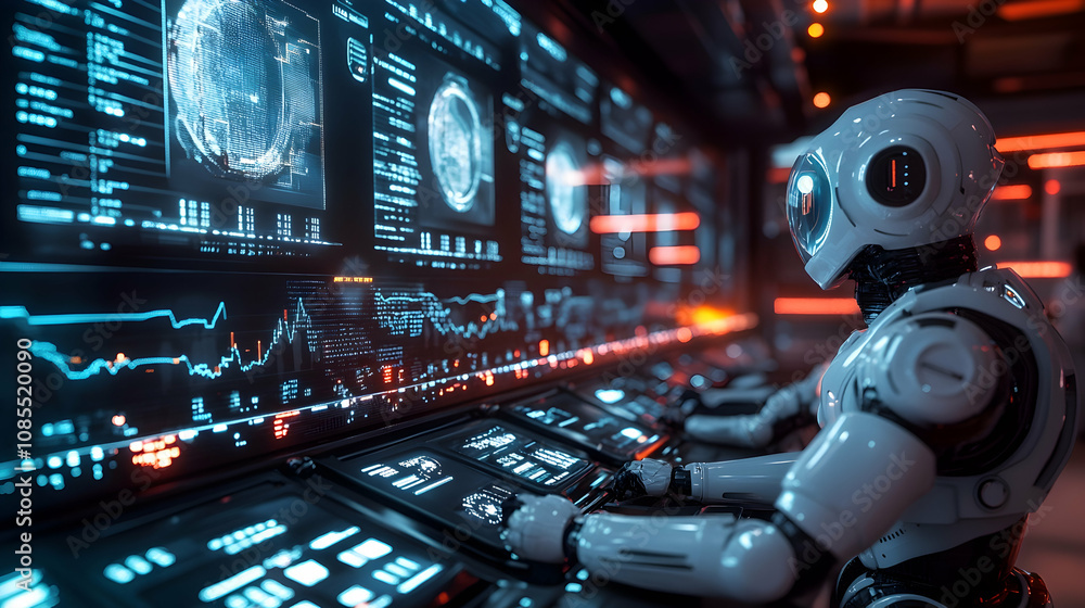 Robotic operator engaged in data analysis high-tech facility digital art futuristic environment close-up ai development Robotic operator engaged in data analysis high-tech facility digital art futuristic environment close-up ai development
