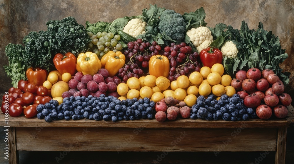 A vibrant display of assorted fruits and vegetables. A vibrant display of assorted fruits and vegetables.