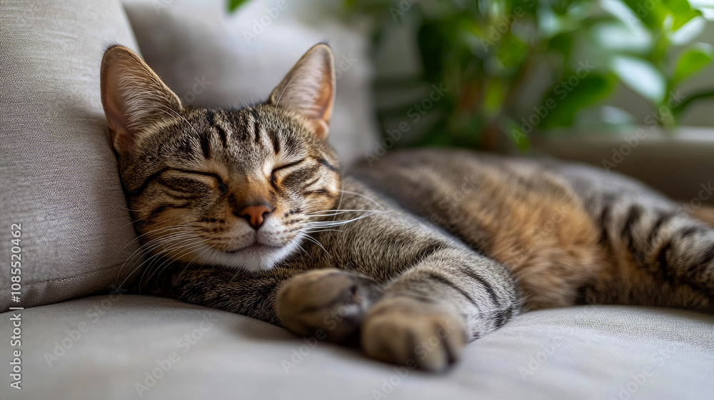 A tabby cat peacefully naps against a soft couch while the warm sunlight filters through nearby plants, creating a cozy atmosphere in the room A tabby cat peacefully naps against a soft couch while the warm sunlight filters through nearby plants, creating a cozy atmosphere in the room