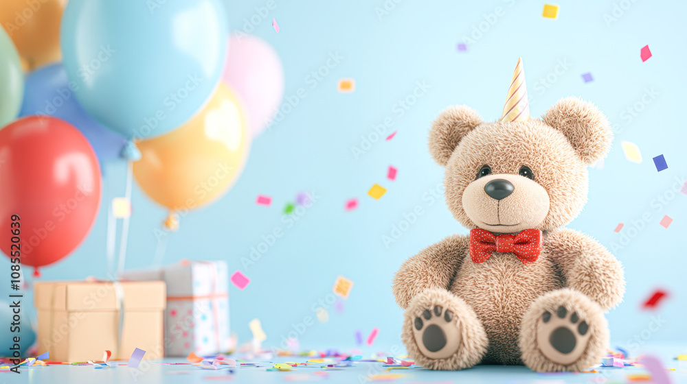 A teddy bear is sitting on a table with a bunch of balloons and confetti