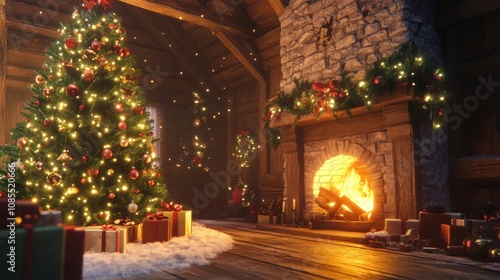 Cozy Christmas setting with tree and glowing fire