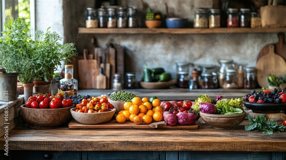 Fresh vegetables and fruits arranged in a kitchen. Fresh vegetables and fruits arranged in a kitchen.