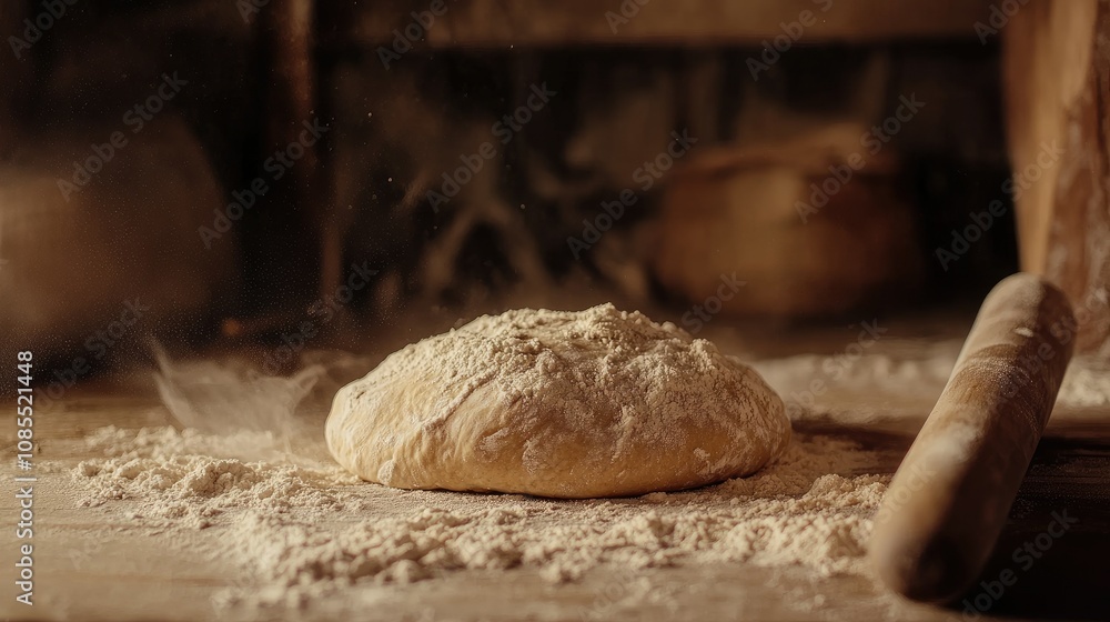 Close-up of raw wheat dough covered with flour, rolling pin beside it, softly lit rustic setting. Close-up of raw wheat dough covered with flour, rolling pin beside it, softly lit rustic setting.