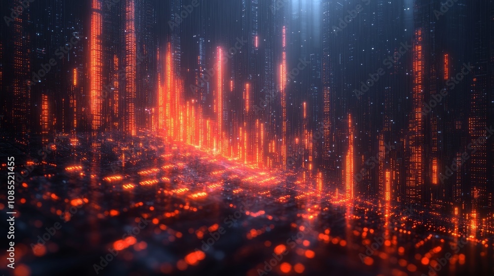 Fototapeta premium A digital landscape with glowing data streams and abstract structures.