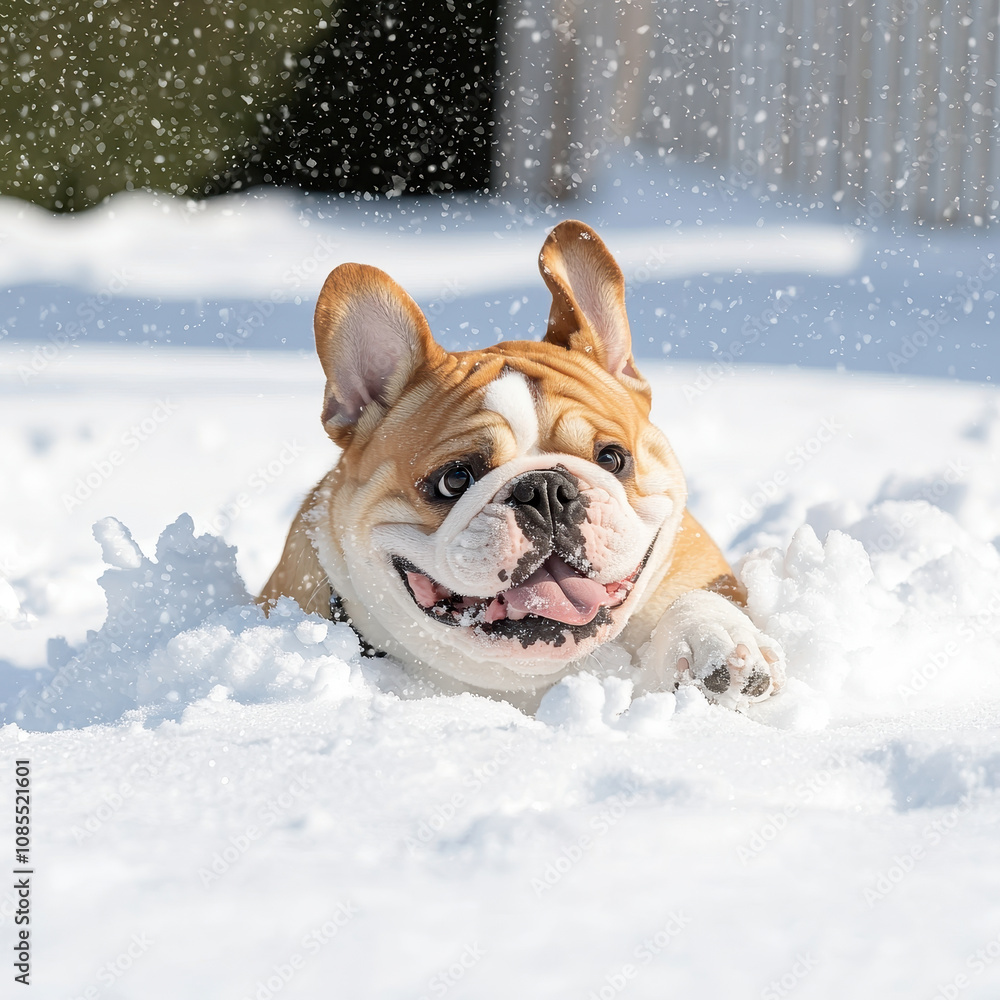 playful bulldog enjoying freshly fallen snow, showcasing its joyful expression while frolicking in winter wonderland playful bulldog enjoying freshly fallen snow, showcasing its joyful expression while frolicking in winter wonderland