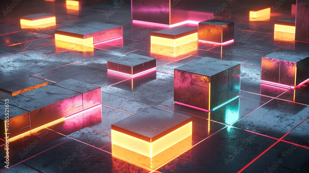 Neon glowing cubes on dark floor. Abstract background. Neon glowing cubes on dark floor. Abstract background.