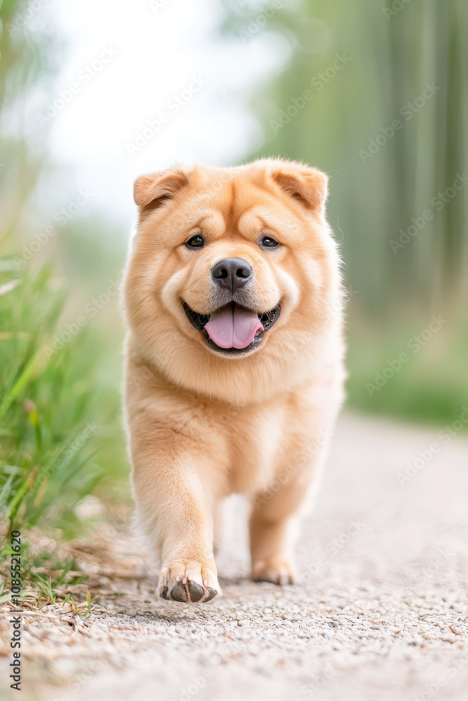 Chow Chow dog walking happily on path surrounded by greenery, showcasing its fluffy coat and joyful expression Chow Chow dog walking happily on path surrounded by greenery, showcasing its fluffy coat and joyful expression