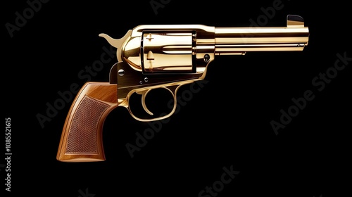 A stunning golden revolver with a polished wooden grip resting elegantly against a black backdrop highlighting its intricate details photo