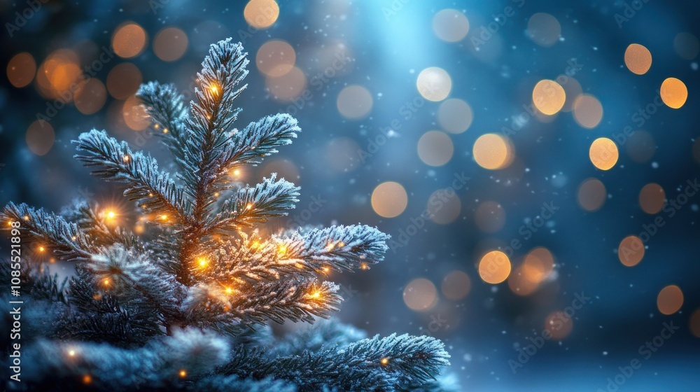 Snowy pine tree with warm lights and bokeh. Snowy pine tree with warm lights and bokeh.