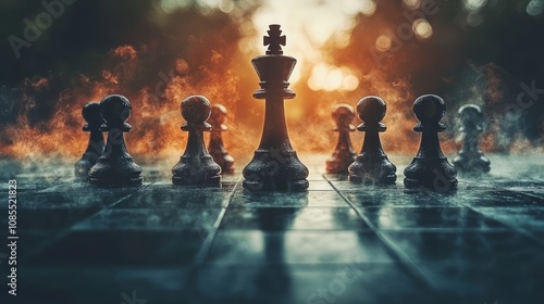 A dramatic chess scene with a king surrounded by pawns, evoking strategy and tension.