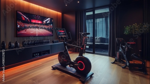 Modern home gym with exercise equipment and screen.