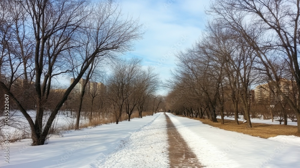 Serene Winter Pathway in Urban Park Surrounded by Leafless Trees Under Clear Blue Sky with Snow-Covered Ground and Tranquil Atmosphere in a Vibrant City Landscape Serene Winter Pathway in Urban Park Surrounded by Leafless Trees Under Clear Blue Sky with Snow-Covered Ground and Tranquil Atmosphere in a Vibrant City Landscape