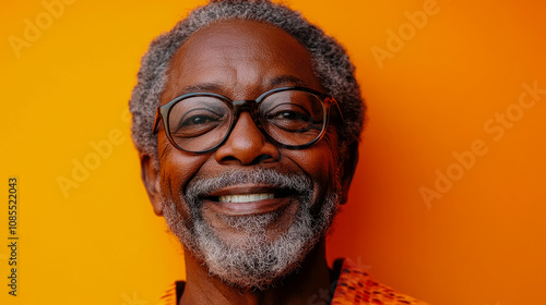 A cheerful elderly man wearing glasses smiles broadly while standing in front of a vibrant orange background, radiating warmth and happiness