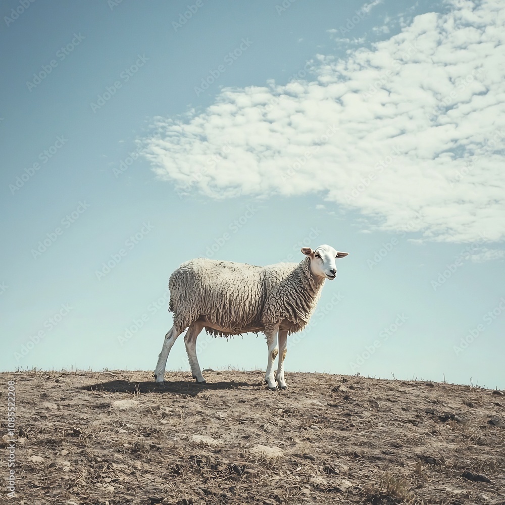 Malnourished Sheep on Barren Hillside Representing Climate Change Impact on Malnourished Sheep on Barren Hillside Representing Climate Change Impact on