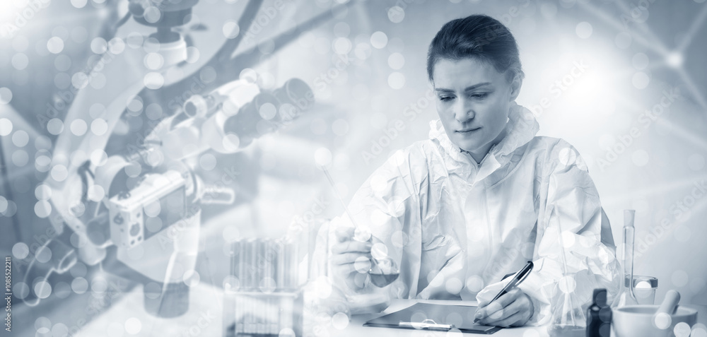 Fototapeta premium Woman scientist sits at laboratory table. Girl chemist completes scientific experiment. Medic works with electron microscope and test tubes. Woman scientist takes notes on results of experiment.