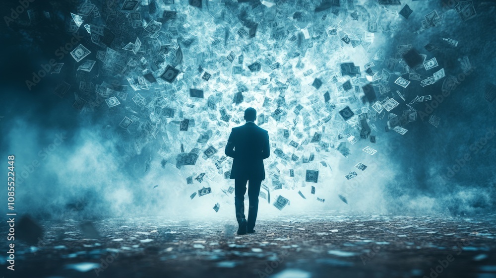 A figure walks towards a swirling vortex of papers in a misty, surreal environment.