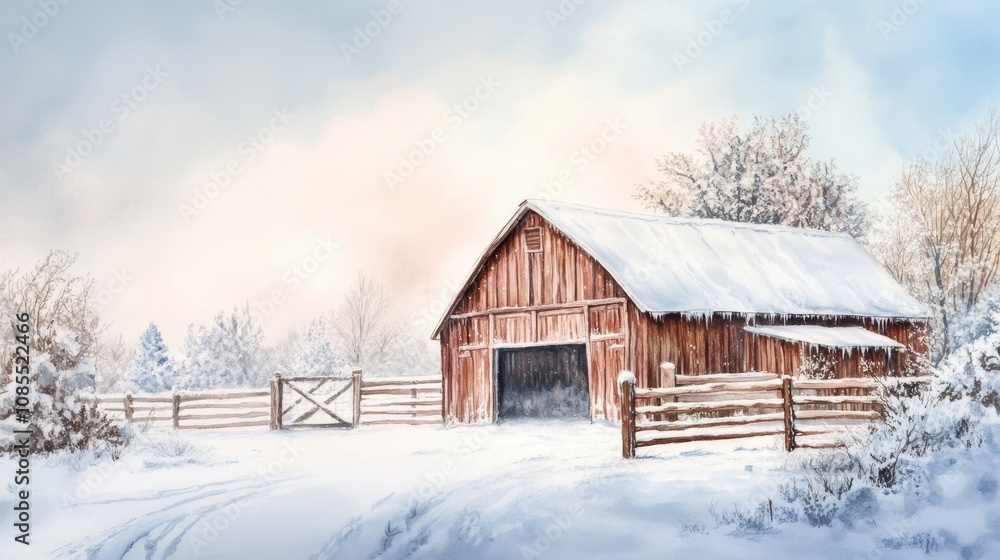 Serene Winter Scene Featuring a Red Barn Amidst Fresh Snowfall with Soft Light and Snow-Covered Trees in a Tranquil Rural Landscape Serene Winter Scene Featuring a Red Barn Amidst Fresh Snowfall with Soft Light and Snow-Covered Trees in a Tranquil Rural Landscape