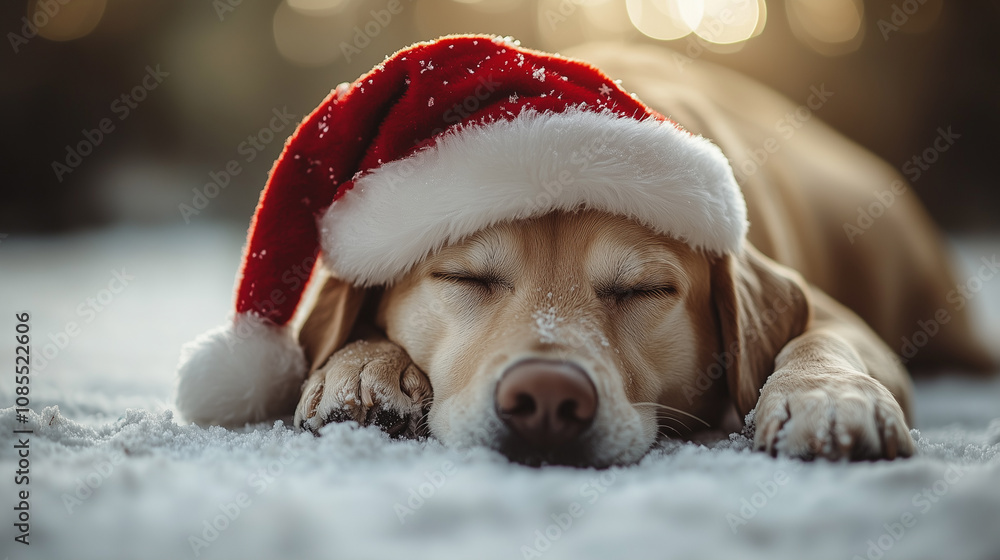 A Lying Labrador Dog with a Santa Hat A Lying Labrador Dog with a Santa Hat