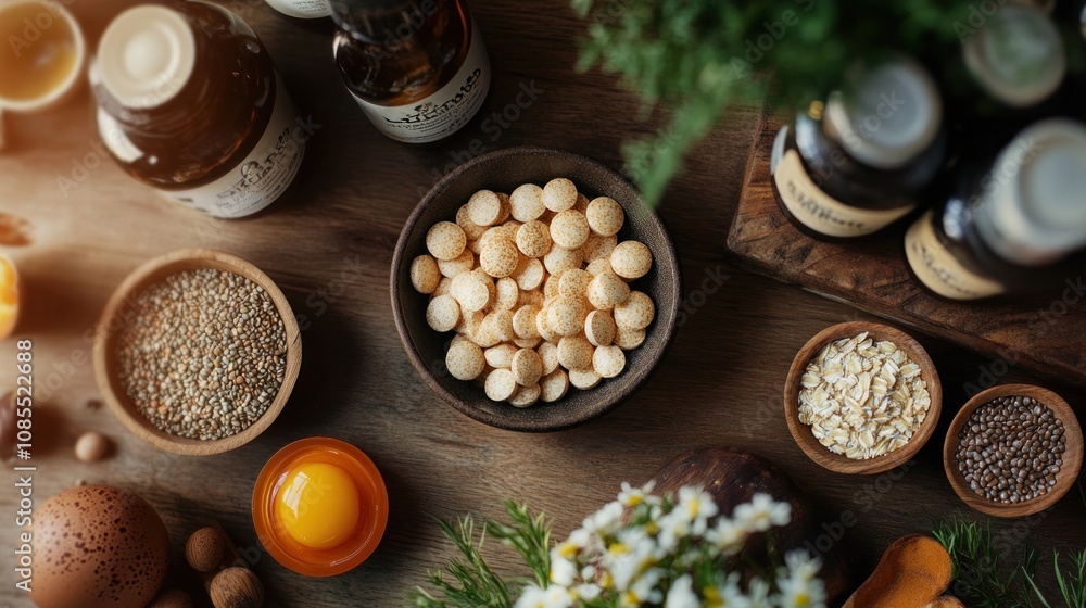 Ingredients and natural remedies on a wooden table. Ingredients and natural remedies on a wooden table.