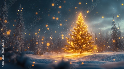 A glowing Christmas tree in a snowy landscape.