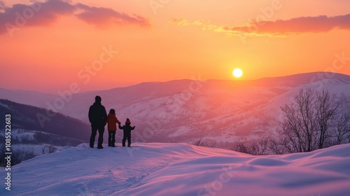 Family enjoying a winter sunset on a scenic hilltop