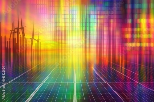 A vibrant digital landscape showcasing renewable energy with solar panels and wind turbines.