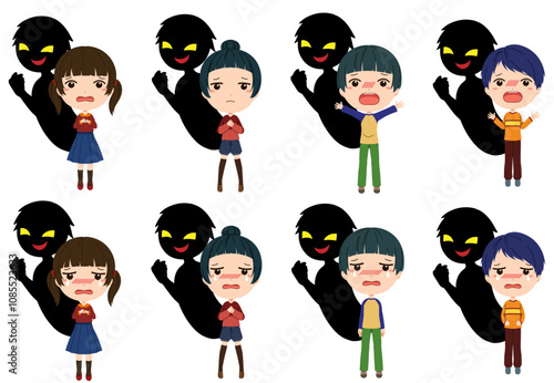 子供と黒いシルエットの不審者イメージの素材セット