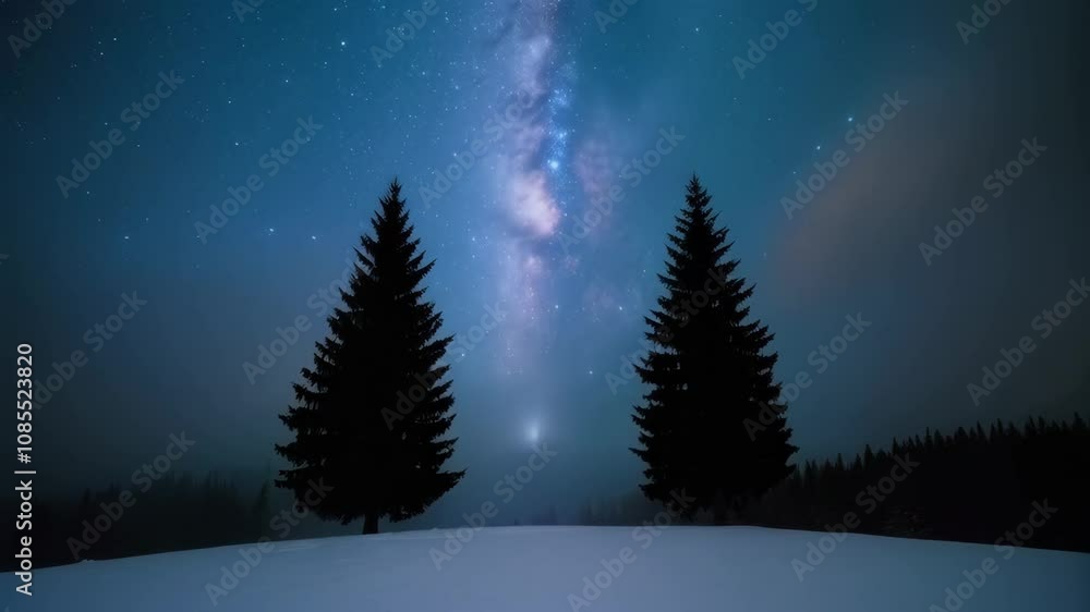 Winter nature background with frozen fir trees covered snow and ice at starry night. Beautiful aurora borealis in north pole, northern lights. Magic Christmas night Winter nature background with frozen fir trees covered snow and ice at starry night. Beautiful aurora borealis in north pole, northern lights. Magic Christmas night
