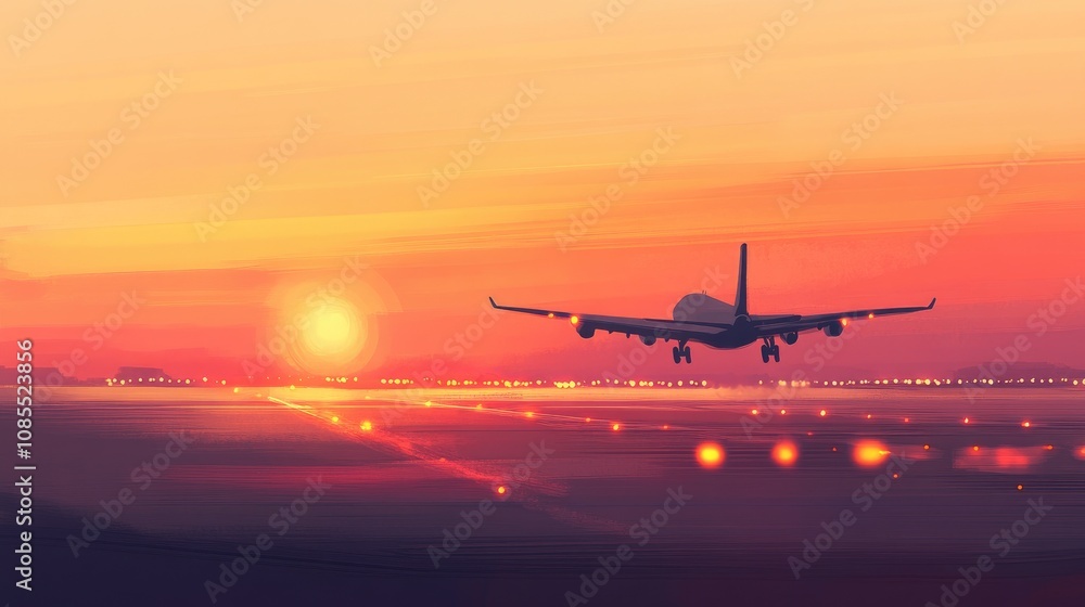 Beautiful Sunset Airplane Landing Over Brightly Lit Runway with Warm Hues of Orange and Yellow Light Illuminating the Evening Sky Beautiful Sunset Airplane Landing Over Brightly Lit Runway with Warm Hues of Orange and Yellow Light Illuminating the Evening Sky