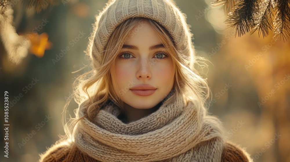 Young woman in cozy attire amidst autumn foliage. Young woman in cozy attire amidst autumn foliage.