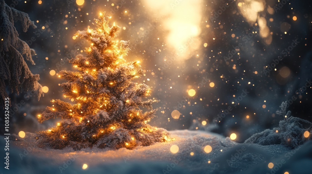 Illuminated Christmas tree in a snowy landscape. Illuminated Christmas tree in a snowy landscape.